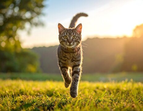 Playful tabby cat running in a field at sunset