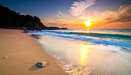 Keuken achterwand Reflectie A vibrant coastal scene captures a sunrise over a tranquil beach, the golden sun reflected on the wet sand and gentle waves  © dimas