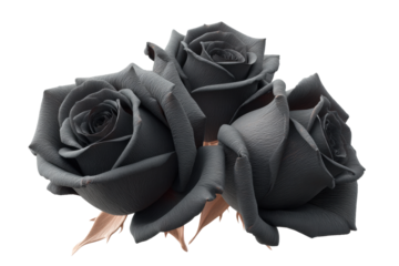 Elegant trio of dark gray roses with lush petals on black background, cut out