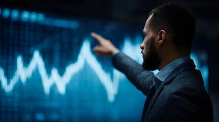 A professional man points at a glowing blue digital financial graph on a large screen in a modern office setting