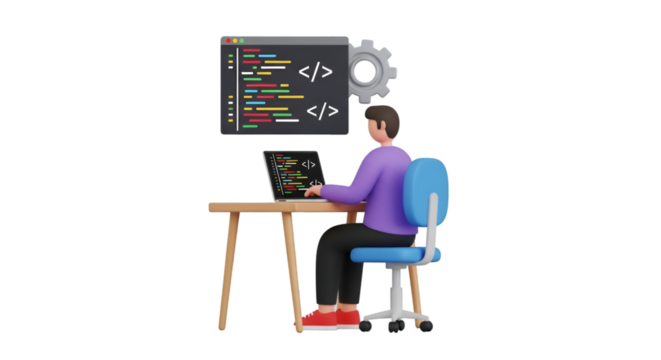 Programmer Working on Laptop with Code Display