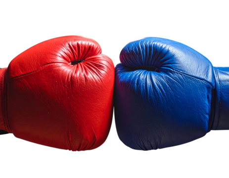  Two boxing gloves, red and blue, meet in a close-up confrontation 