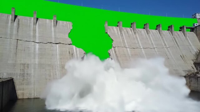 Dam Break Water Rush Green Screen - A concrete dam with a large crack collapses, releasing a torrent of water. The background is a bright green screen, ideal for compositing.