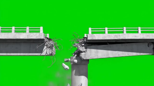 Collapsing Bridge Green Screen - A concrete bridge collapses dramatically against a bright green screen background. Debris and dust are visible as the bridge breaks apart.