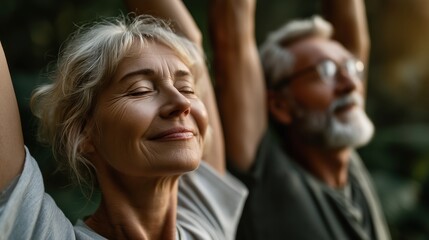 Elderly couple practicing mindfulness and relaxation in a serene forest setting during golden hour