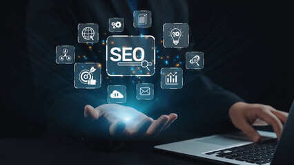 SEO concept for improving SEO visibility, with SEO related digital tools and SEO performance icons shown in an focused layout for strategic marketing. Elide