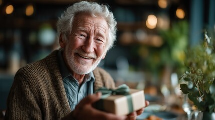 Joyful elder man in cozy dining space enjoying a special moment with a beautifully wrapped gift in slow motion