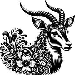 Obraz premium Elegant gazelle illustration: A sophisticated illustration captures the grace and elegance of a gazelle. Intricate floral and swirl designs adorn the gazelle, adding a touch of artistic charm.