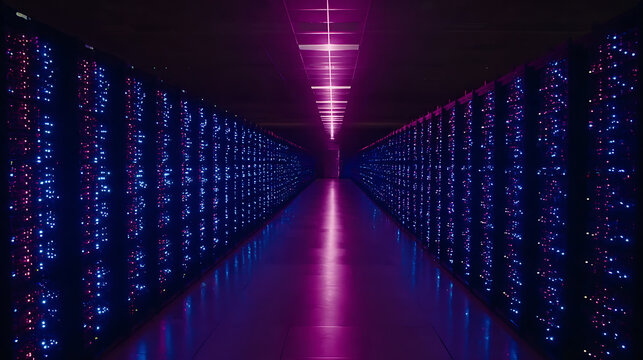 Long corridor of server racks illuminated by blue and purple lights in a data center - Powered by Adobe