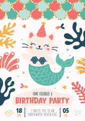 Birthday invitation with a cute mermaid cat and sea elements. Event celebration, magical creature, party poster. Vector illustration. Cat, tail, glitter, corals, seaweed