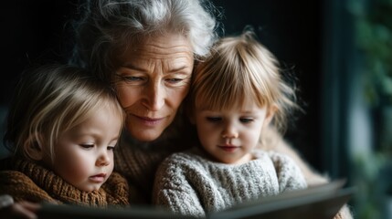 Grandmother shares a cozy storytime with her grandchildren in a warm, inviting corner of the home
