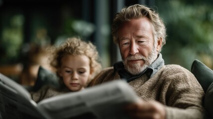 Delightful moments shared as a grandfather reads a newspaper with his curious grandchild in a cozy living room