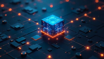 A futuristic digital art piece visualizes an abstract concept, likely data processing, networking, or the complex interconnections of modern technology, utilizing glowing lights.