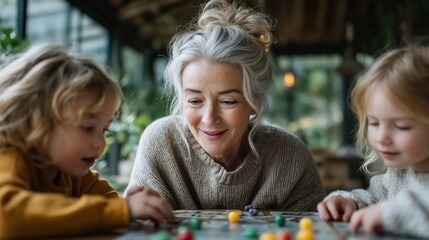 Enjoying a slow motion moment indoors as a grandmother plays a board game with her grandchildren in a cozy environment full of plants