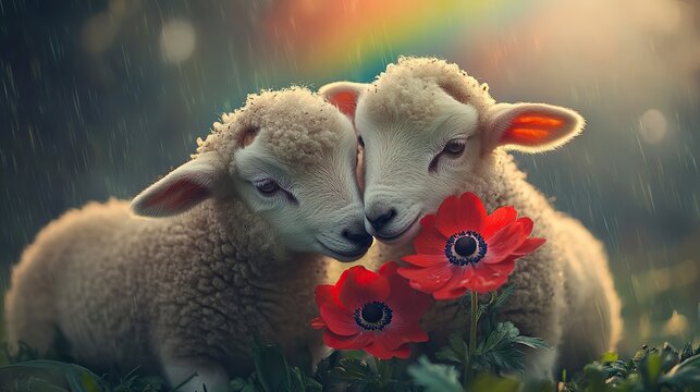 Two lambs holding a red anemone in a flower field under a rainbow-lit drizzle
