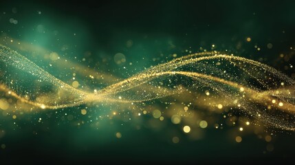 abstract background with waves of golden sparkles particles on deep green backdrop features mesmerizing bokeh effect defocused lights creating magical futuristic atmosphere suitable for festive