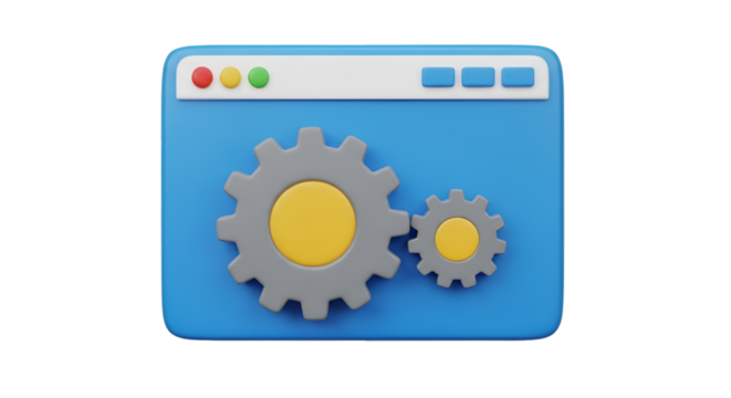 3D Blue Browser Window with Gears and Controls