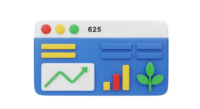 3D Business Dashboard with Growth Chart and Plant Icon