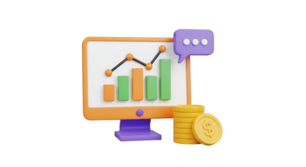 3D Business Growth Chart with Coins and Chat Bubble