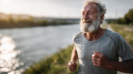 Enjoying the warmth of a golden hour jog by the river with a sense of joy and freedom