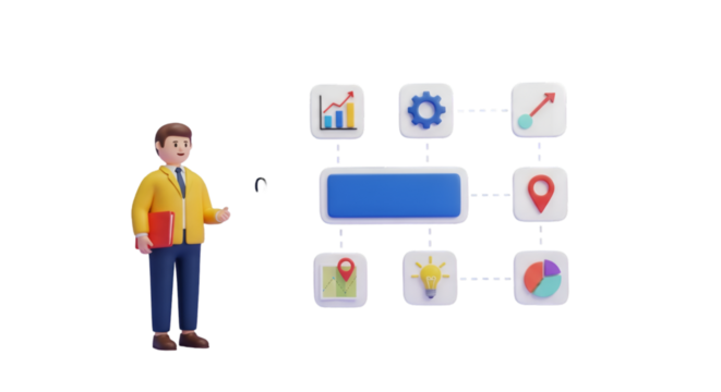 3D Business Man Presenting a Flowchart with Icons