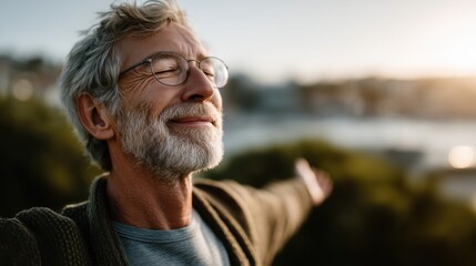 Gentle breeze whispers joy as a man embraces nature's beauty during golden hour