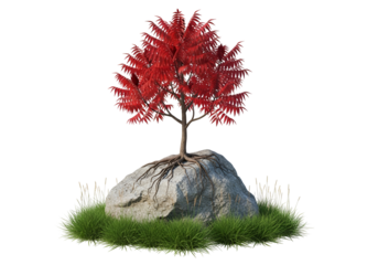 A vibrant, red-leafed tree stands strong on a gray stone, surrounded by green grass, creating a tranquil and peaceful scene.