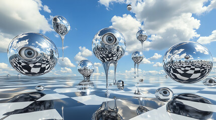 Surreal sci-fi scene with levitating chrome spheres and checkerboard reflections