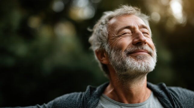 Joyful man embraces nature while enjoying a serene moment outdoors in the golden light of dusk captured in slow motion