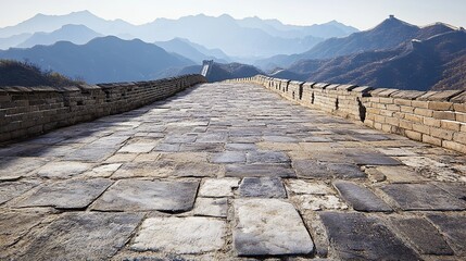 Ultra realistic professional photography of the Great Wall of China, mountains in the background, 