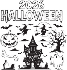 Halloween 2026 Spooky Scene, Stylized Illustration with Witches, Haunted House, Ghost, and Graveyard