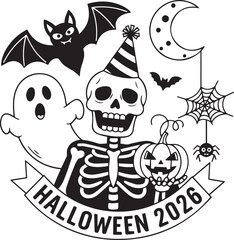 Halloween 2026 Skeleton Celebration, Festive Cartoon Illustration with Pumpkin, Ghost, Bats, and Party Hat