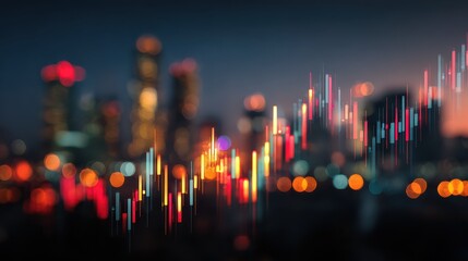 abstract glowing big data forex candlestick chart on blurry city backdrop trade technology investment and analysis concept double exposure no logos no brands ar 169