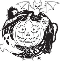 Classic Halloween 2026,Black and White Illustration with Pumpkin, Ghost, Cat, and Spooky Web Details