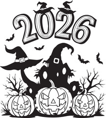 Haunted Halloween 2026, Black and White Illustration with Pumpkins, Witch Hats, Haunted House, and Bats