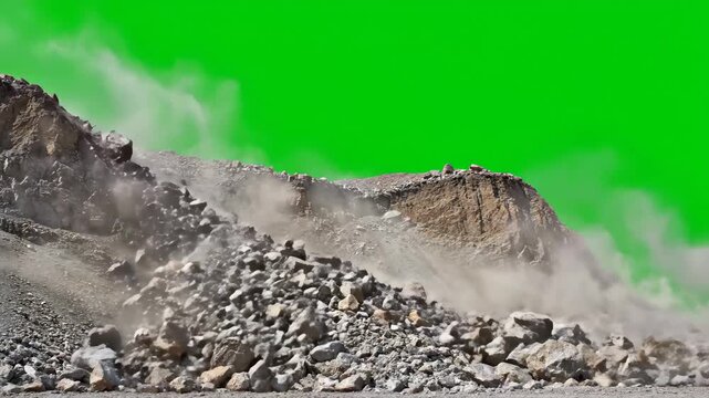Rockslide on Green Screen - A massive rockslide cascades down a hillside, creating a cloud of dust and debris. The scene is set against a bright green screen, ideal for compositing.