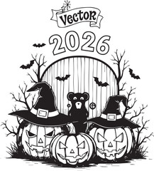 Haunted Gate Halloween 2026, Black and White Illustration with Pumpkins, Witch Hats, Teddy Bear, and Spooky Trees