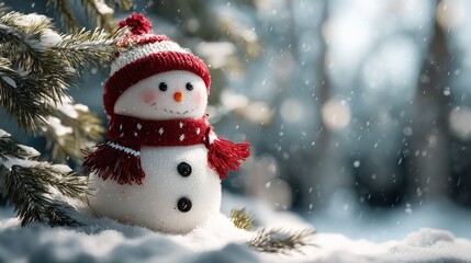 cute snowman with red scarf and hat near christmas tree in snow for holiday greetings banner