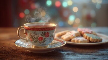 Fototapeta premium a steaming cup of tea in a festive christmasthemed teacup and saucer sits on a wooden table next to a plate of decorated sugar cookies with a blurred bokeh background