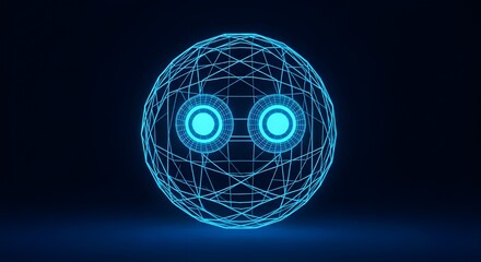 Blue Wireframe Sphere with Glowing Eyes on Dark Background ball render