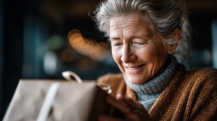 Joyful moment captured in slow motion as a woman unwraps a special gift in a cozy setting