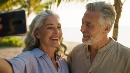 Happy senior couple taking a selfie on the beach - Powered by Adobe