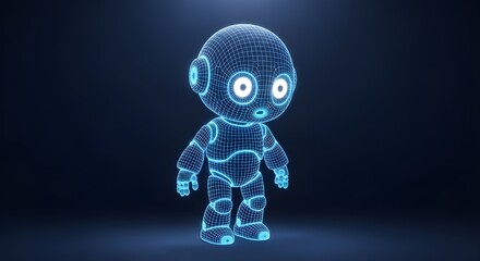 Cartoon robot wireframe with glowing blue eyes and chest panel character