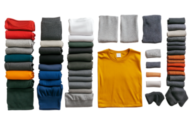 Artistic arrangement of folded clothing highlighting simplicity, versatility, and creative packing organization isolated on transparent background PNG