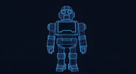 Fototapeta premium Classic Robot Wireframe Hologram with Screen on Dark Background android cyborg