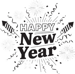Happy New Year 2026,Black and White Celebration Illustration with Firecrackers, Confetti, and Bold Typography