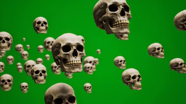 Floating Skulls Green Screen - Numerous realistic skulls float and rotate against a bright green screen background. This seamlessly loopable video is ideal for adding spooky effects to your projects.