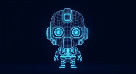Naklejka premium Cute Chibi Robot Wireframe Hologram on Dark Background android cyborg