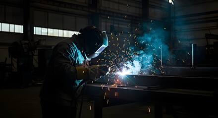 Close-up of welding sparks flying in dark industrial environment during metal work