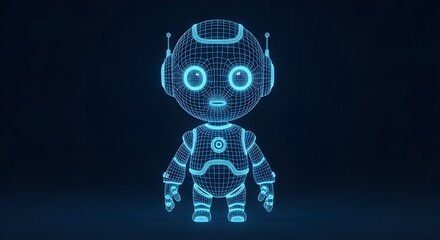 Full body wireframe robot with glowing blue eyes on dark background technology futuristic